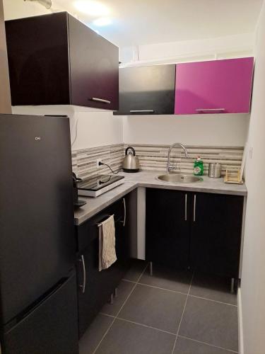 - une cuisine avec des placards noirs et un évier dans l'établissement Apartment, à Bièvres
