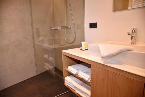 a bathroom with a shower and a sink at Bockspitze Deluxe Appartements in Hinterweisspriach