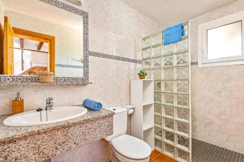 a bathroom with a toilet and a sink and a mirror at Villa Verde Ciutadella by Villa Plus in Tres Alquerías