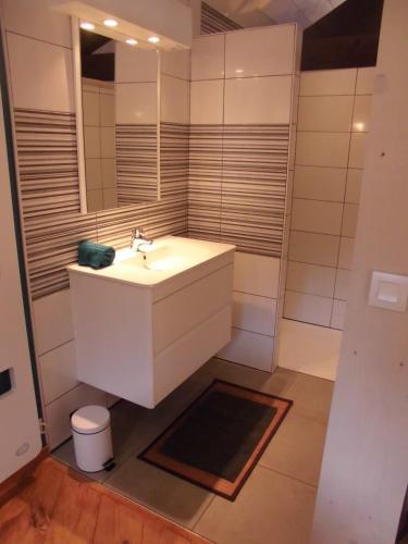 une salle de bain avec un lavabo blanc et un miroir dans l'établissement La Sauvanière, à Menée