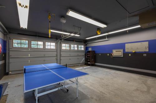 an empty garage with a ping pong table in it at Mossy Path Hideaway in Blowing Rock