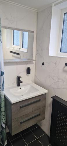 a white bathroom with a sink and a mirror at Veluws Huisje in Apeldoorn