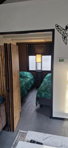 a room with two beds and a mirror at Veluws Huisje in Apeldoorn