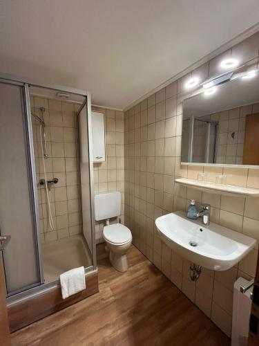 a bathroom with a toilet and a sink and a shower at Ferienwohnung am Liebesgrund in Lüneburg