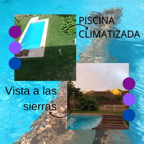 a collage of photos of a swimming pool and the words venza a las at Cabañas en Koslay Ñalala Ivoqué con piscina climatizada en épocas cálidas in Juana Koslay 