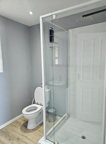 a bathroom with a toilet and a glass shower at Ibis 1 in Cape St Francis Resort in Cape St Francis