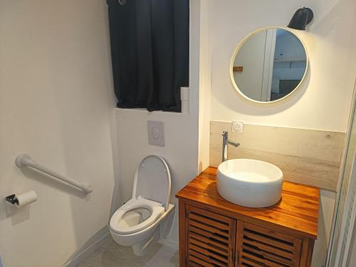 une salle de bain avec toilettes, lavabo et miroir dans l'établissement Petit studio proche centre-ville, à Vitré