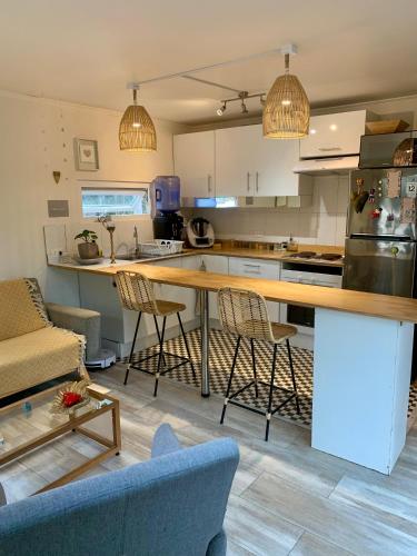 a kitchen with a table and chairs in a room at Cabaña en el Bosque in Isla Negra