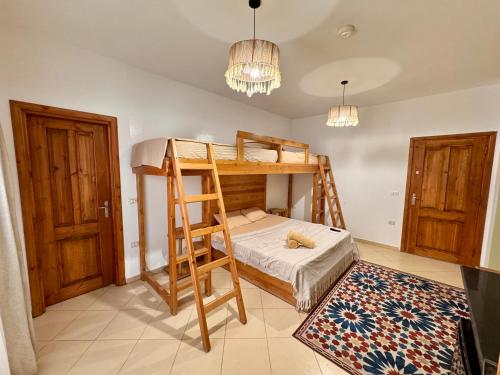 a bedroom with a bunk bed and a ladder at Ocean Life Dahab in Dahab