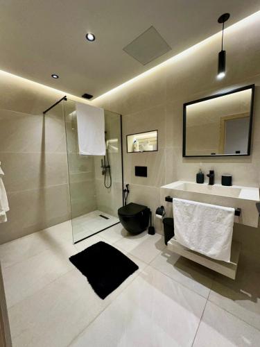 a bathroom with a shower and a sink and a toilet at Centrico 16 Confort & Luxe au Centre in Tangier
