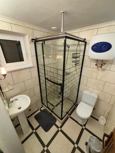 a bathroom with a shower and a toilet and a sink at Red Star Peoples Republic in Tiraspol