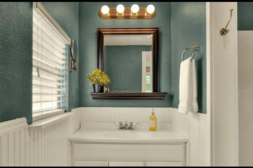 a bathroom with a sink and a mirror at Charming, cozy, one bedroom apartment in Lakeland