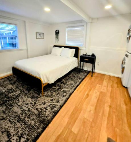 a bedroom with a bed and a rug at Charming Historic Studio Cottage in Lakeland