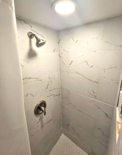 a bathroom with a shower with white marble walls at Charming Historic Studio Cottage in Lakeland