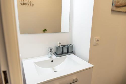 une salle de bain avec un lavabo blanc et un miroir dans l'établissement Cocon de la Baie, terrasse et parking privé, à Saint-Valery-sur-Somme