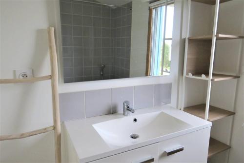 une salle de bain avec un lavabo et un miroir dans l'établissement Maison avec WIFI, jardin et terrasse exposés Sud à TREGASTEL - Réf 67, à Trégastel