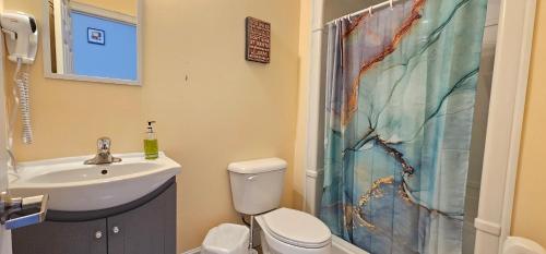 a bathroom with a sink toilet and a shower curtain at Perfect Location! Quiet-Spacious-2 Bed-2 Bath in Windsor