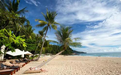 a beach with chairs and palm trees and the ocean at Heavenly place in Surin Beach