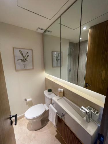 a bathroom with a toilet and a large mirror at Zantamar Beach Front La Cruz in Cruz de Huanacaxtle