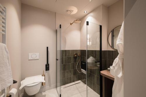 a bathroom with a shower and a toilet at Boutiquehotel Le Foulage - adults only in Bruges