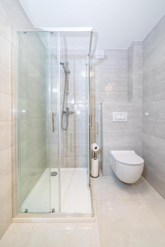 a bathroom with a shower and a toilet at Apartment ILUX-1 in Novigrad Dalmatia