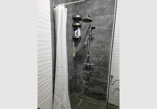 Bilik mandi di TwinArt 2 adjacent recent apartments hosting up to 8 guests for work and living