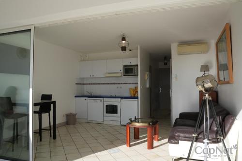 Il dispose d'une cuisine et d'un salon avec un canapé et une table. dans l'établissement CapNat - Village Naturiste - Heliopolis - Appartement 2 pieces - Le Mont Olympe, au Cap d'Agde