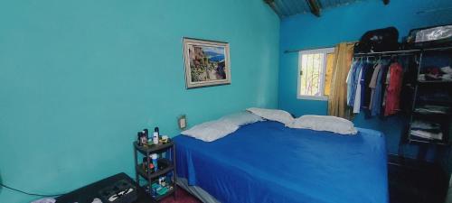 a blue bedroom with a bed with two pillows at cabañita natural verde in La Ceiba