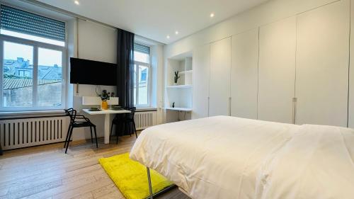 a bedroom with a bed and a desk and a tv at Studio Fischer à la Pétrusse 001 in Luxembourg