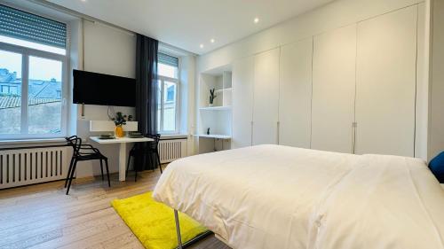 a bedroom with a bed and a desk and a tv at Studio Fischer à la Pétrusse 002 in Luxembourg