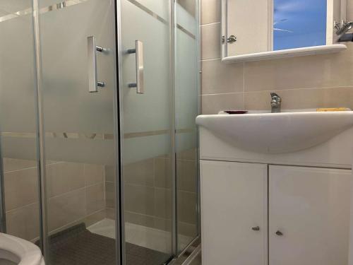 une salle de bain avec un lavabo et une douche en verre dans l'établissement Appartement 2P, cabine, 250m plage, loggia calme - FR-1-229D-146, à Fleury