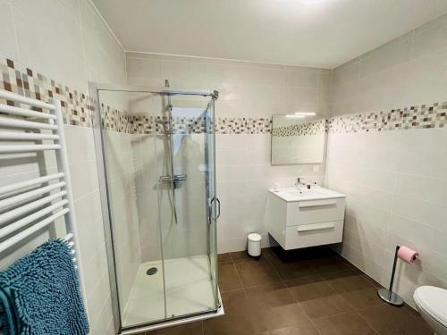 une salle de bain avec douche et lavabo dans l'établissement Superbe T3 front de mer au centre de Propriano, à Propriano