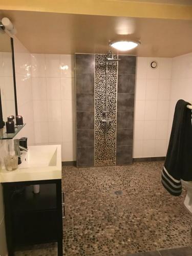 La salle de bains est pourvue d'une douche et d'un lavabo blanc. dans l'établissement Gîte nid douillet, à Gerstheim