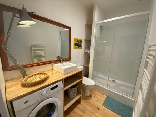 La salle de bains est pourvue d'un lave-linge et d'un miroir. dans l'établissement Appartement de charme au coeur du centre historique, à Bordeaux