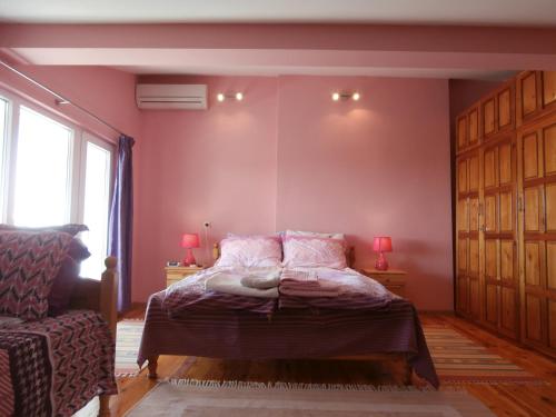 サンダンスキにあるApartments in House Silent Natureのピンクの壁のベッドルーム1室、ベッド1台、ソファが備わります。