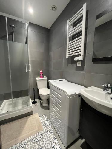une salle de bain avec toilettes, lavabo et douche dans l'établissement Beautiful T3, 6 people, Paris-Est, free parking, à Bagnolet