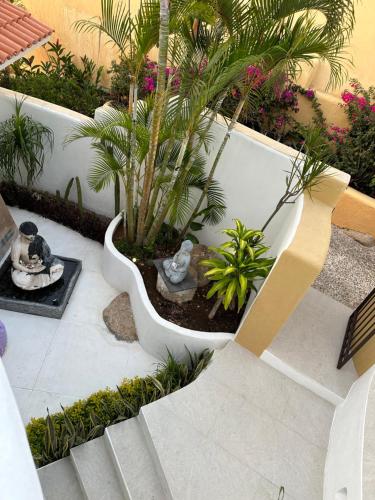 a garden with palm trees and a white bench at Villa San Sebastian, Los Celajes in Acapulco