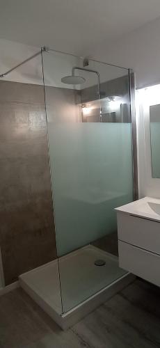 une douche en verre dans une salle de bain avec un lavabo dans l'établissement Les Terrasses de Fort Boyard, à Fouras