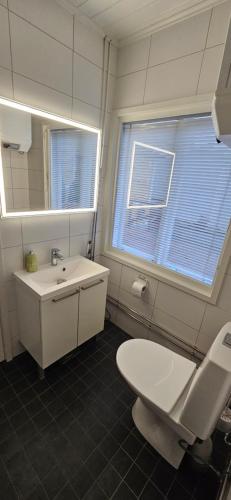 a bathroom with a toilet and a sink and a mirror at Ilona 3 Vanha Rauma in Rauma