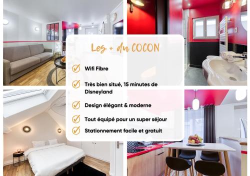 a collage of photos of a room with a sign at LE COCON- Confort & Cosy à Proximité de Disneyland in Chessy