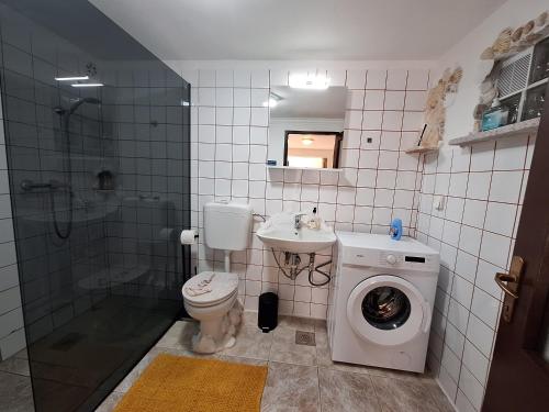 a bathroom with a toilet and a sink and a washing machine at Zonnemarie in Mošćenička Draga