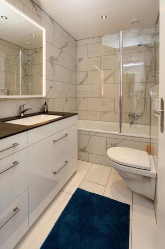 a bathroom with a toilet and a sink and a shower at Ferienwohnung D28 in Orselina