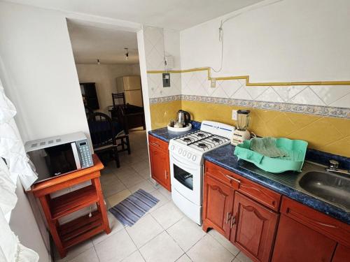 a kitchen with a stove and a sink at Acogedor departamento cerca del metro guerrero e hidalgo in Mexico City