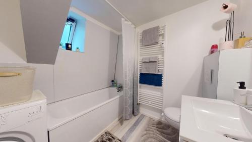 une salle de bain blanche avec un lavabo et des toilettes dans l'établissement Le Napoléon Mulhouse, à Mulhouse