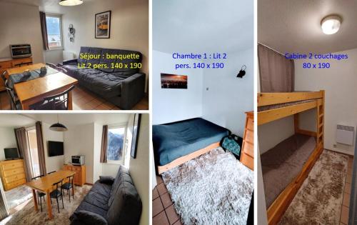 un collage de trois photos d'une pièce dans l'établissement L'Escapade du Prorel, à Briançon