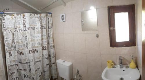 een badkamer met een douchegordijn en een wastafel bij Cabaña El Búho, Lago Puelo in Lago Puelo