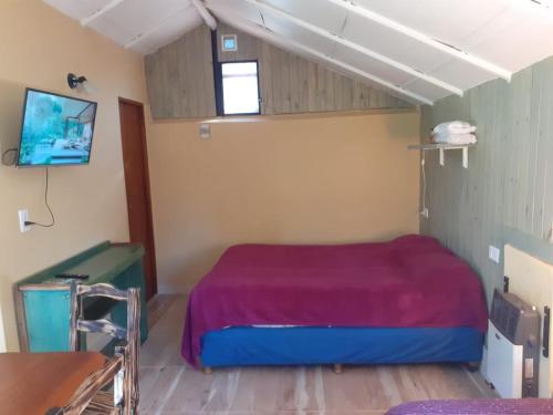 een slaapkamer met een groot bed in een kamer bij Cabaña El Búho, Lago Puelo in Lago Puelo