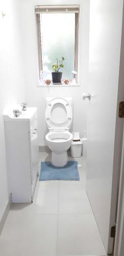 a white bathroom with a toilet and a window at Happy room for you in Auckland