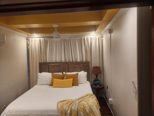 a bedroom with a large bed with yellow pillows at Bella Noni B&B in Aguadilla