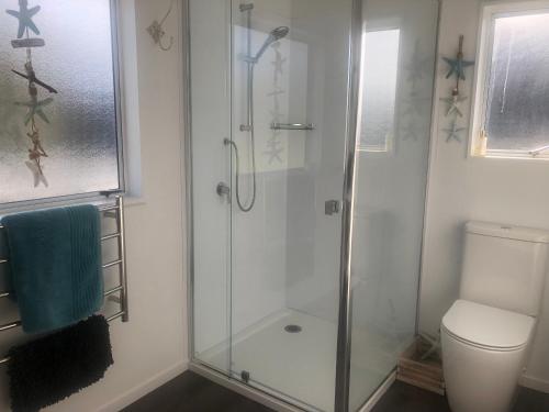 a bathroom with a glass shower with a toilet at Iconic 70's Kiwi Bach in Whitianga
